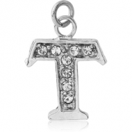 RHODIUM PLATED BRASS JEWELLED LETTER CHARM - T