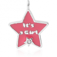 RHODIUM PLATED BRASS JEWELLED ENAMEL CHARM - ITS A GIRL