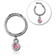SURGICAL STEEL ROUND HINGED SEGMENT RING WITH HOOP AND JEWELLED DANGLING CHARM - BALL PIERCING