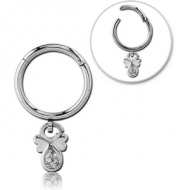 SURGICAL STEEL ROUND HINGED SEGMENT RING WITH HOOP AND JEWELLED DANGLING CHARM - FLOWER PIERCING