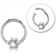 SURGICAL STEEL JEWELLED HINGED SEPTUM RING - ANIMAL PAW CENTER GEM PIERCING