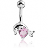 RHODIUM PLATED BRASS JEWELLED DOLPHIN NAVEL BANANA PIERCING