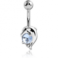 RHODIUM PLATED BRASS JEWELLED DOLPHIN NAVEL BANANA PIERCING