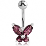 RHODIUM PLATED BRASS JEWELLED BUTTERFLY NAVEL BANANA PIERCING