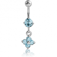 RHODIUM PLATED JEWELED FASHION NAVEL BANANA WITH FLOWER CHARM PIERCING