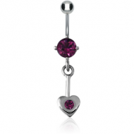 RHODIUM PLATED BRASS JEWELLED NAVEL BANANA WITH HEART CHARM PIERCING