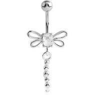 RHODIUM PLATED BRASS JEWELLED DRAGONFLY DANGLING NAVEL BANANA PIERCING