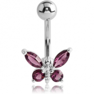 RHODIUM PLATED BRASS JEWELLED BUTTERFLY NAVEL BANANA PIERCING