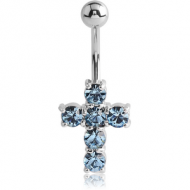 RHODIUM PLATED BRASS JEWELLED CROSS NAVEL BANANA PIERCING