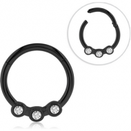 BLACK PVD COATED SURGICAL STEEL ROUND JEWELLED HINGED SEPTUM RING PIERCING