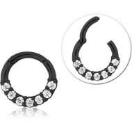 BLACK PVD COATED SURGICAL STEEL JEWELLED HINGED SEPTUM RING PIERCING