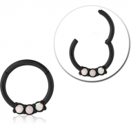 BLACK PVD COATED SURGICAL STEEL ROUND SYNTHETIC OPAL HINGED SEGMENT RING PIERCING