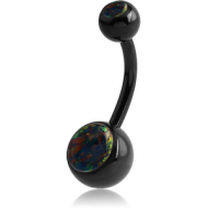 BLACK PVD COATED SURGICAL STEEL DOUBLE JEWELLED NAVEL BANANA WITH SYNTHETIC OPAL PIERCING