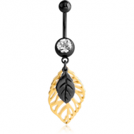BLACK PVD COATED SURGICAL STEEL JEWELLED NAVEL BANANA WITH DANGLING GOLD PLATED CHARM - TWO LEAFS