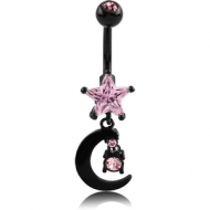 BLACK PVD COATED DOUBLE JEWELLED STAR FASHION NAVEL BANANA WITH MOON CHARM PIERCING