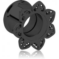 BLACK PVD COATED STAINLESS STEEL DOUBLE FLARED INTERNALLY THREADED TUNNEL - FLOWER PIERCING