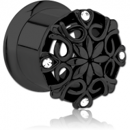 BLACK PVD COATED STAINLESS STEEL DOUBLE FLARED INTERNALLY THREADED JEWELLED TUNNEL PIERCING