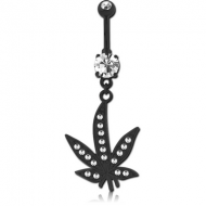 BLACK PVD COATED SURGICAL STEEL DOUBLE JEWELLED NAVEL BANANA - MARIJUANA LEAF PIERCING