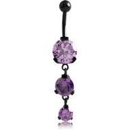 BLACK PVD COATED SURGICAL STEEL TRIPLE ROUND CZ JEWELLED WITH DANGLING NAVEL BANANA PIERCING