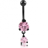 BLACK PVD COATED SURGICAL STEEL DOUBLE ROUND CZ JEWELLED WITH DANGLING NAVEL BANANA