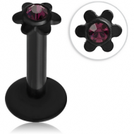 BLACK PVD COATED SURGICAL STEEL INTERNALLY THREADED MICRO LABRET WITH JEWELLED FLOWER PIERCING