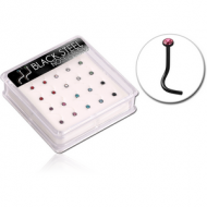 BOX OF 20 BLACK PVD COATED SURGICAL STEEL JEWELLED CURVED NOSE STUDS