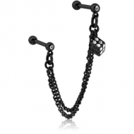 BLACK PVD COATED SURGICAL STEEL JEWELLED TRAGUS MICRO BARBELLS CHAIN LINKED - RUBIK PIERCING