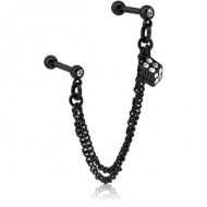 BLACK PVD COATED SURGICAL STEEL JEWELLED TRAGUS MICRO BARBELLS CHAIN LINKED - RUBIK