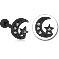 BLACK PVD COATED SURGICAL STEEL JEWELLED TRAGUS MICRO BARBELL - CRESCENT AND STAR