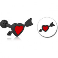 BLACK PVD COATED SURGICAL STEEL TRAGUS MICRO BARBELL WITH ENAMEL - HEART WITH ARROW