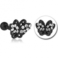 BLACK PVD COATED SURGICAL STEEL JEWELLED TRAGUS MICRO BARBELL - BUTTERFLY