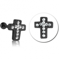BLACK PVD COATED SURGICAL STEEL JEWELLED TRAGUS MICRO BARBELL - CROSS PIERCING