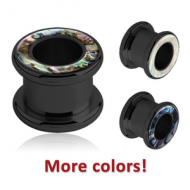 BLACK PVD COATED SURGICAL STEEL JEWELLED SYNTHETIC MOTHER OF PEARL ROUND-EDGE THREADED TUNNEL