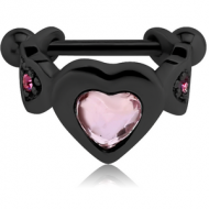 BLACK PVD COATED SURGICAL STEEL JEWELLED CARTILAGE SHIELD - THREE HEARTS