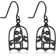 BLACK PVD COATED SURGICAL STEEL EARRINGS - BIRD IN CAGE