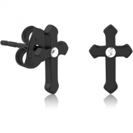 BLACK PVD COATED SURGICAL STEEL JEWELLED EAR STUDS - CROSS