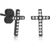BLACK GOLD PVD COATED SURGICAL STEEL JEWELLED EAR STUDS PAIR - CROSS