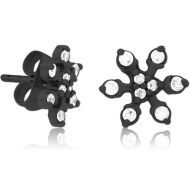 BLACK PVD COATED SURGICAL STEEL JEWELLED EAR STUDS PAIR - SNOWFLAKE