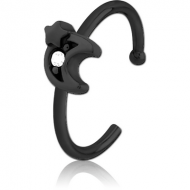 BLACK PVD COATED SURGICAL STEEL JEWELLED OPEN NOSE RING - CRESCENT AND STAR PIERCING
