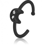 BLACK PVD COATED SURGICAL STEEL JEWELLED OPEN NOSE RING - CRESCENT PRONGS PIERCING