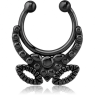 BLACK PVD COATED SURGICAL STEEL FAKE SEPTUM RING - V AND TWO EYES PIERCING