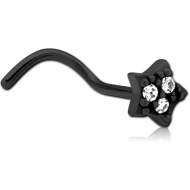 BLACK PVD COATED SURGICAL STEEL CURVED JEWELLED NOSE STUD - STAR