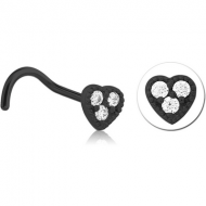 BLACK PVD COATED SURGICAL STEEL CURVED JEWELLED NOSE STUD - HEART PIERCING