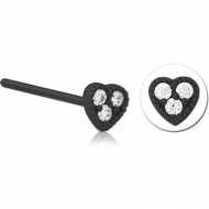 BLACK PVD COATED SURGICAL STEEL STRAIGHT JEWELLED NOSE STUD - HEART PIERCING