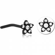 BLACK PVD COATED SURGICAL STEEL 90 DEGREE JEWELLED NOSE STUD -FLOWER PIERCING