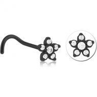 BLACK PVD COATED SURGICAL STEEL CURVED JEWELLED NOSE STUD - FLOWER PIERCING