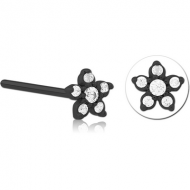 BLACK PVD COATED SURGICAL STEEL STRAIGHT JEWELLED NOSE STUD - FLOWER PIERCING