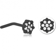 BLACK PVD COATED SURGICAL STEEL 90 DEGREE JEWELLED NOSE STUD - FLOWER PIERCING