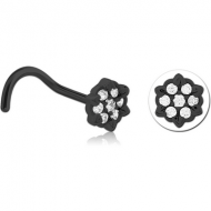 BLACK PVD COATED SURGICAL STEEL CURVED JEWELLED NOSE STUD - FLOWER PIERCING