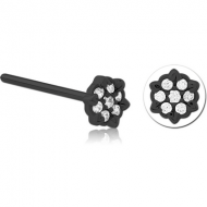 BLACK PVD COATED SURGICAL STEEL STRAIGHT JEWELLED NOSE STUD - FLOWER PIERCING